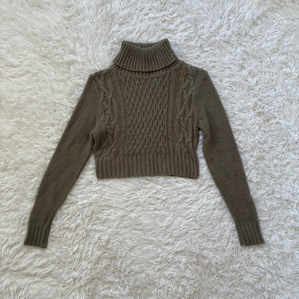 Nasty Gal Collection Cropped Cable Knit Turtleneck Sweater Olive Green Small